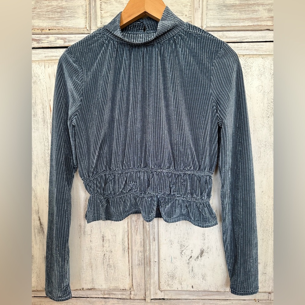 High neck, Velvet, Long Sleeve Top, Small, NWOT, Blue, Waffled fabric